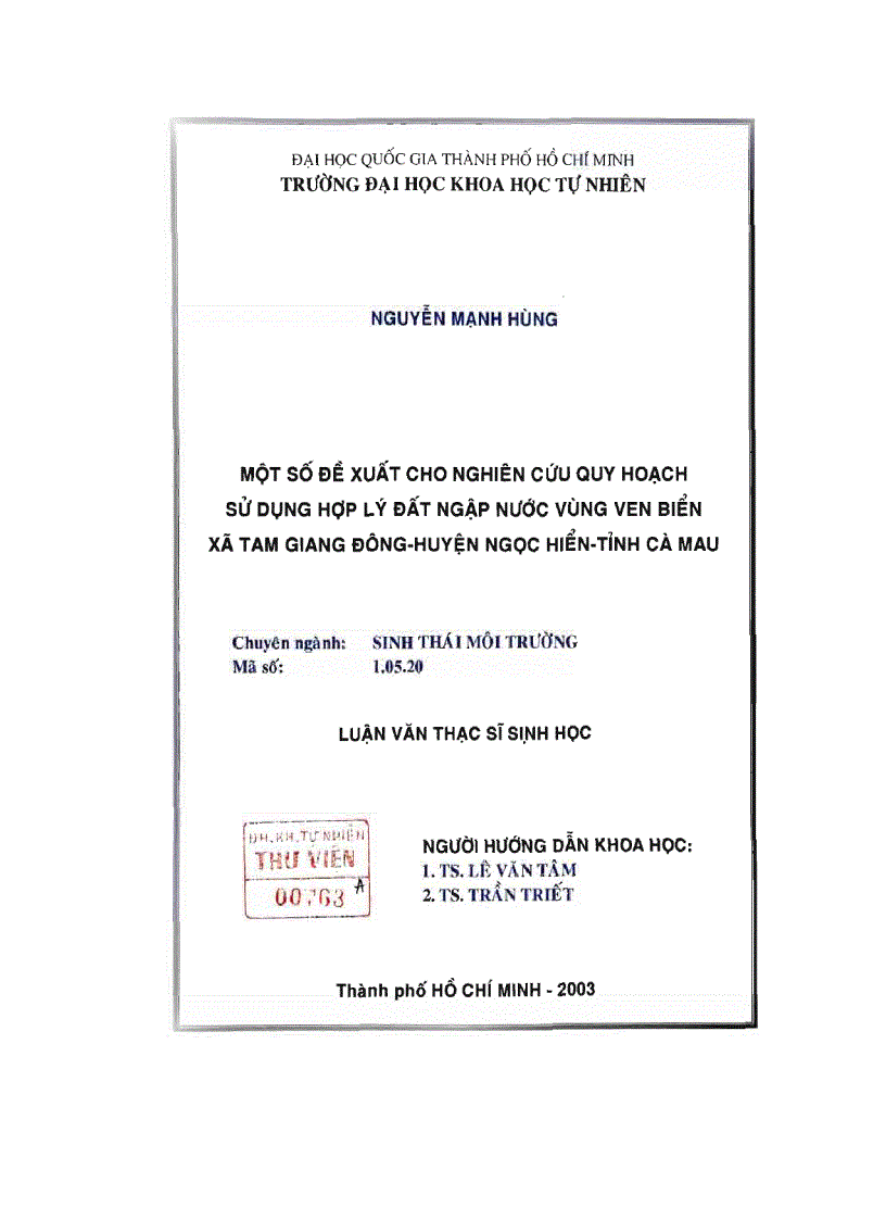 image for page Một số đề xuất cho nghiên cứu quy hoạch sử dụng hợp lý đất ngập nước vùng ven biển xã tam giang đông huyện ngọc hiển tỉnh cà mau