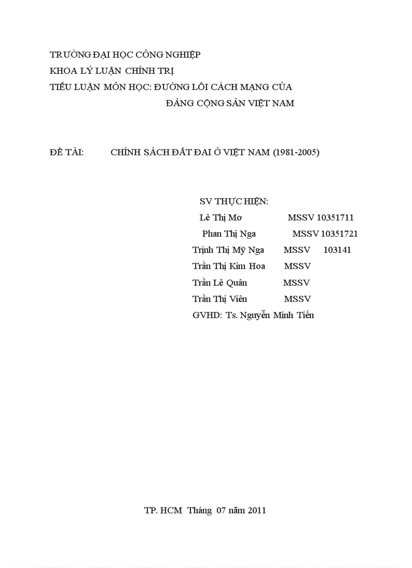Tiểu luận môn học đường lối cách mạng của đảng cộng sản việt nam đề tài Chính sách đất đai ở việt nam 1981 2005
