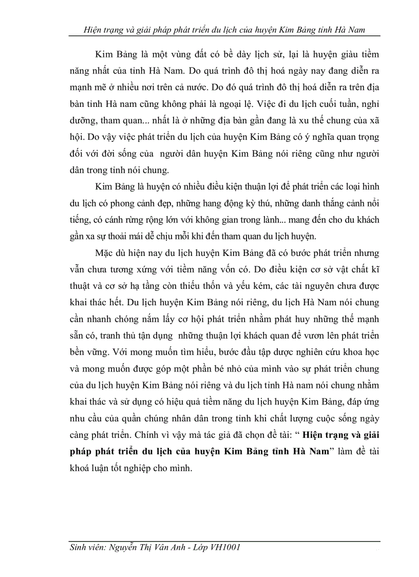 Hiện trạng và giải pháp phát triển du lịch của huyện Kim Bảng tỉnh Hà Nam