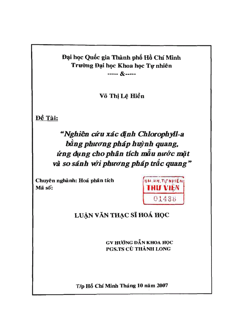 image for page Nghiên cứu xác định chlorophyll a bằng phương pháp huỳnh quang ứng dụng cho phân tích mẫu nước mặt và so sánh với phương pháp trắc quang
