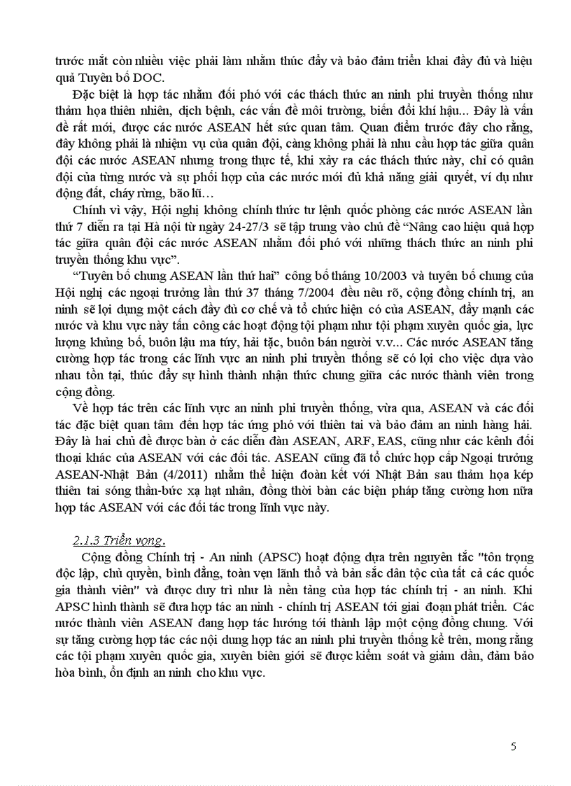 image for page Học kỳ ASEAN Bình luận về các nội dung hợp tác phi truyền thống của Cộng đồng Chính trị an ninh ASEAN và đánh giá triển vọng của từng nội dung hợp tác đó đến năm 2015