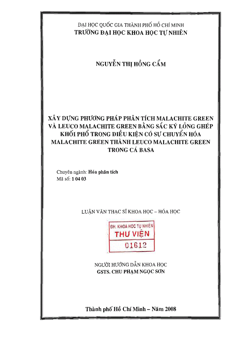 image for page Xây dựng phương pháp phân tích malachite green và leuco malachite green bằng sắc ký lỏng ghép khối phổ trong điều kiện có sự chuyển hóa malachite green thành leuco malachite green trong cá ba sa