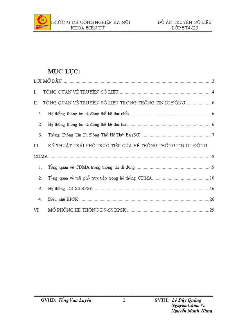 Truyền số liệu trong mạng thông tin di đông phương pháp điều chế BPSK trong kỹ thuật trải phổ trực tiếp của hệ thống thông tin di động CDMA