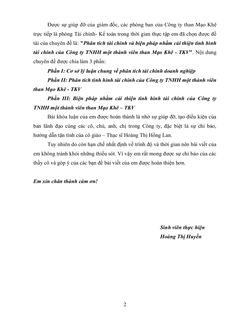 Phân tích tài chính và biện pháp nhằm cải thiện tình hình tài chính của Công ty TNHH một thành viên than Mạo Khê TKV