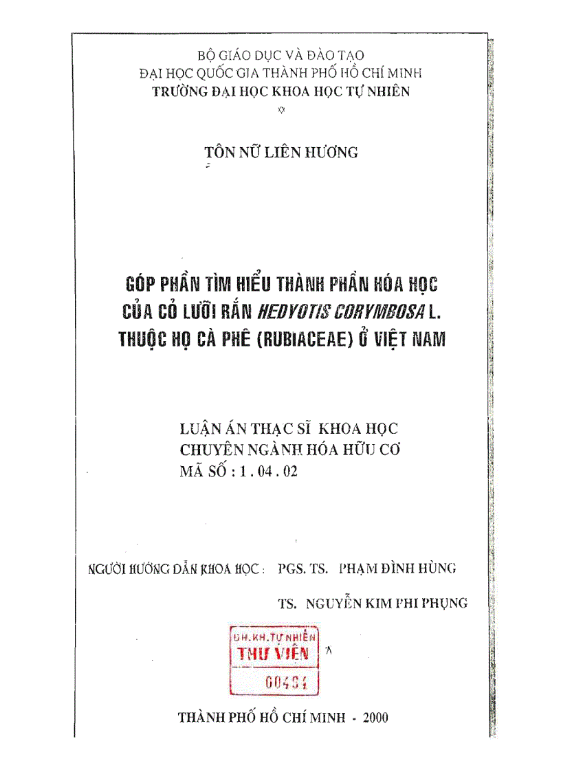 image for page Góp phần tìm hiểu thành phần hóa học của cỏ lưỡi rắn hedyotis corymbosa l Thuộc họ cà phê rubiaceae ở việt nam