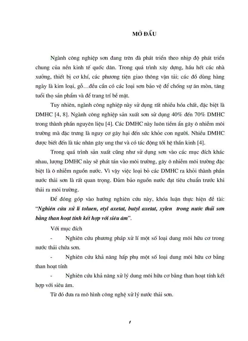 image for page Nghiên cứu xử lí toluen etyl axetat butyl axetat xylen trong nước thải sơn bằng than hoạt tính kết hợp với siêu âm