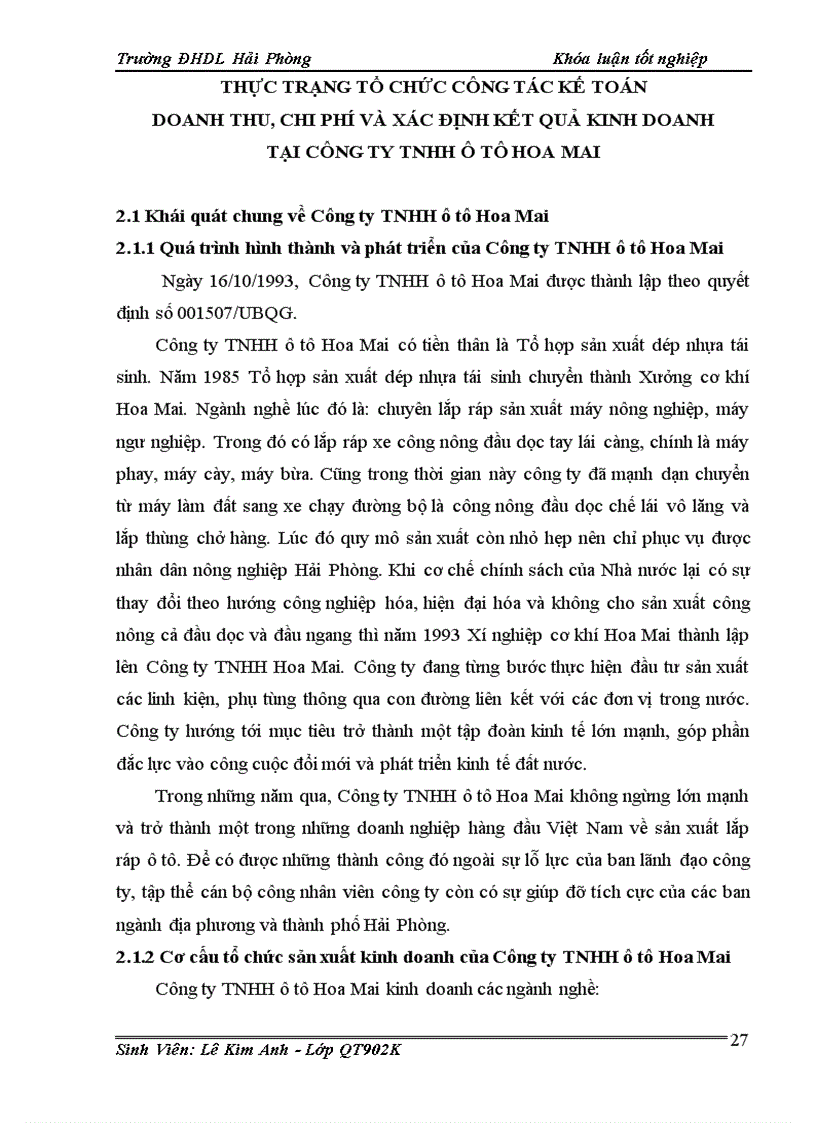 image for page Hoàn thiện tổ chức công tác kế toán doanh thu chi phí và xác định kết quả kinh doanh tại Công ty TNHH ô tô Hoa Mai