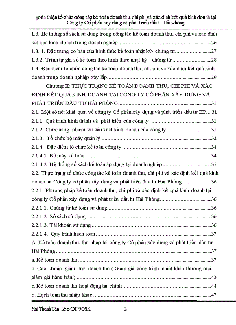 image for page Hoàn thiện tổ chức kế toán doanh thu chi phí và xác định kết quả kinh doanh tại công ty Cổ phần xây dựng và phát triển đầu tư Hải Phòng