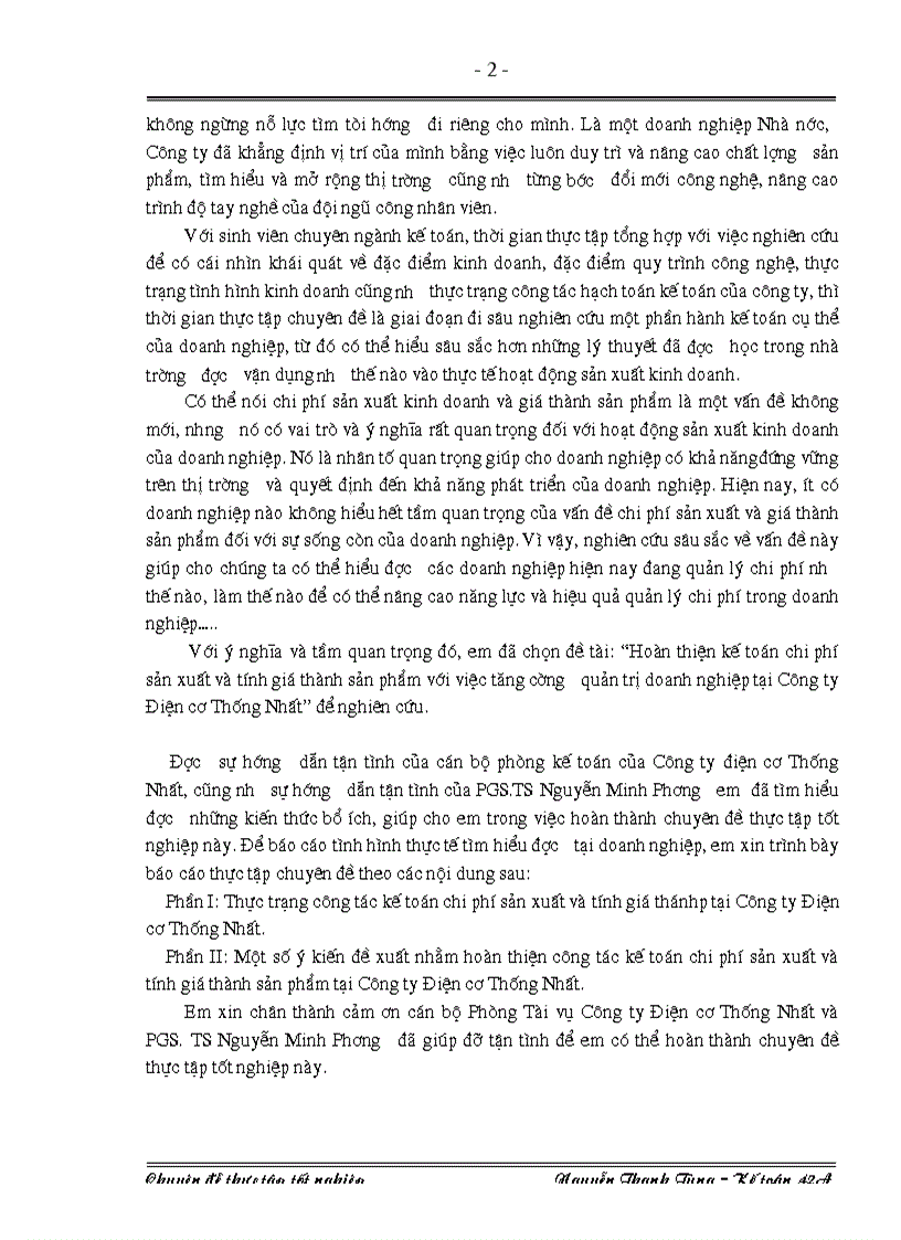 Công tác kế toán chi phí sản xuất và tính giá thánh tại Công ty Điện cơ Thống Nhất
