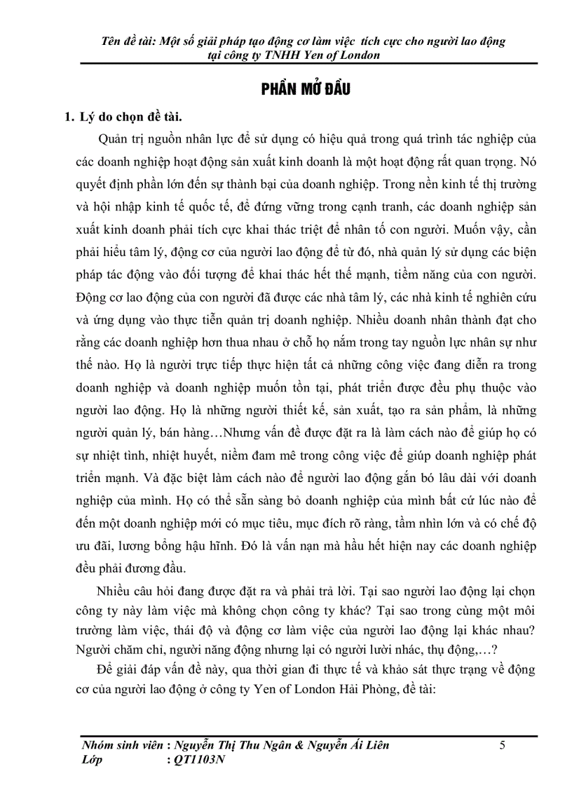 Một số giải pháp tạo động cơ làm việc tích cực cho người lao động tại công ty TNHH Yen of London