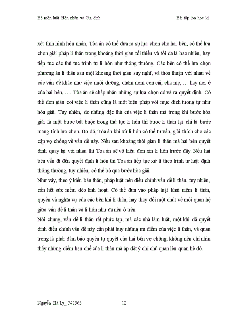 image for page Bài tập học kỳ Vấn đề li thân trong thực tế hiện nay tương đối phổ biến Hãy nêu những hiểu biết của mình về li thân và quan điểm của bản thân về việc pháp luật có nên điều chỉnh vấn