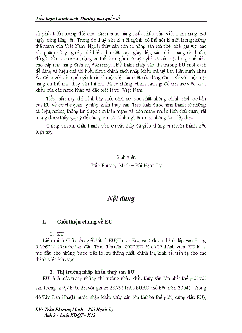 Tiểu luận Chính sách Thương mại quốc tế xuất nhập khẩu thủy sản của Việt Nam vào EU