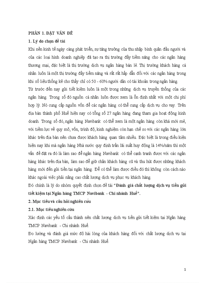 Đánh giá chất lượng dịch vụ tiền gửi tiết kiệm tại Ngân hàng thương mại cổ phần Navibank Chi nhánh Huế