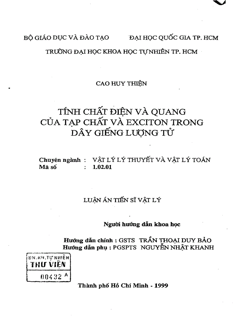 image for page Tính chất điện và quang của tạp chất và exciton trong dây giếng lượng tử