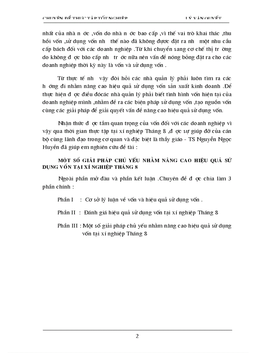 Một số giải pháp chủ yếu nhằm nâng cao hiệu quả sử dụng vốn sản xuất kinh doanh tại xí nghiệp tháng 8