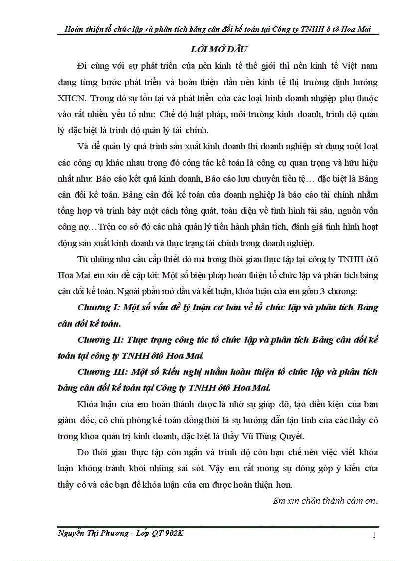 image for page Hoàn thiện tổ chức lập và phân tích bảng cân đối kế toán tại Công ty TNHH ôtô Hoa Mai