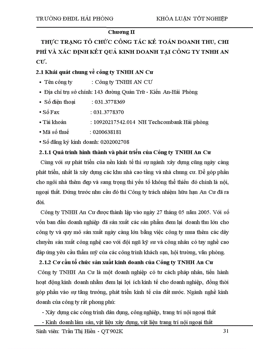 image for page Hoàn thiện tổ chức công tác kế toán doanh thu chi phí và xác định kết quả kinh doanh tại Công ty TNHH An Cư