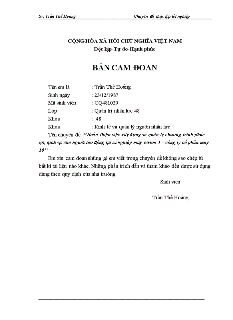 image for page Hoa n thiê n viê c xây dựng và quản lý chương trình phu c lơ i di ch vu cho ngươ i lao đô ng ta i Xi nghiê p may veston 1 thuộc Công ty cô phâ n may 10