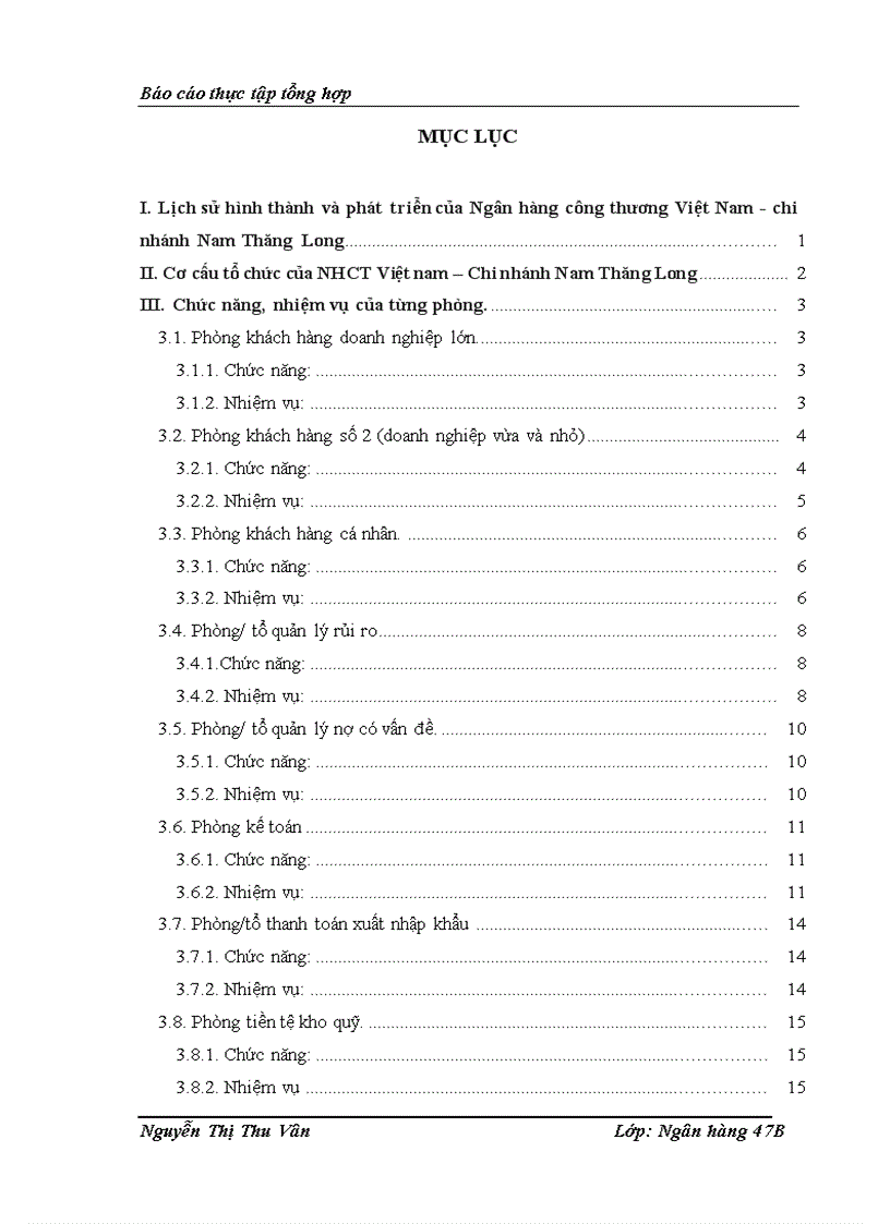 Báo cáo về Ngân hàng Công thương Việt Nam Chi nhánh Nam Thăng Long