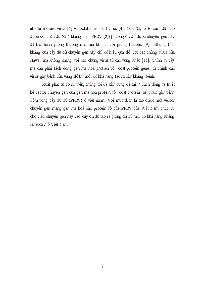 image for page Tách dòng và thiết kế vector chuyển gen của gen mã hoá protein vỏ coat protein từ virus gây bệnh đốm vòng cây đu đủ PRSV ở việt nam