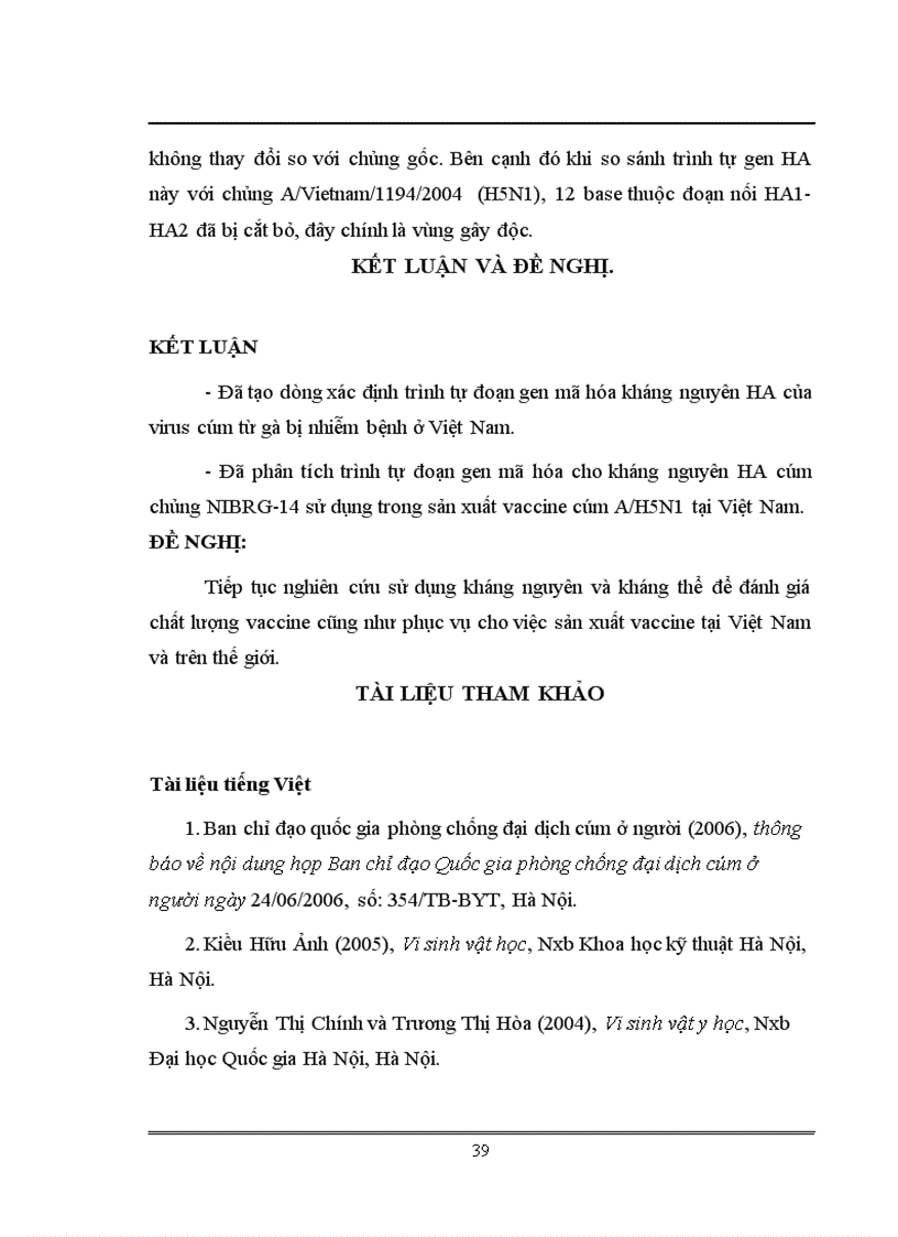 image for page Xác định trình tự và phân tích gen mã hóa kháng nguyên HA của virus cúm chủng NIBRG 14 sử dụng trong sản xuất vacine cúm A H5N1 tại Việt Nam