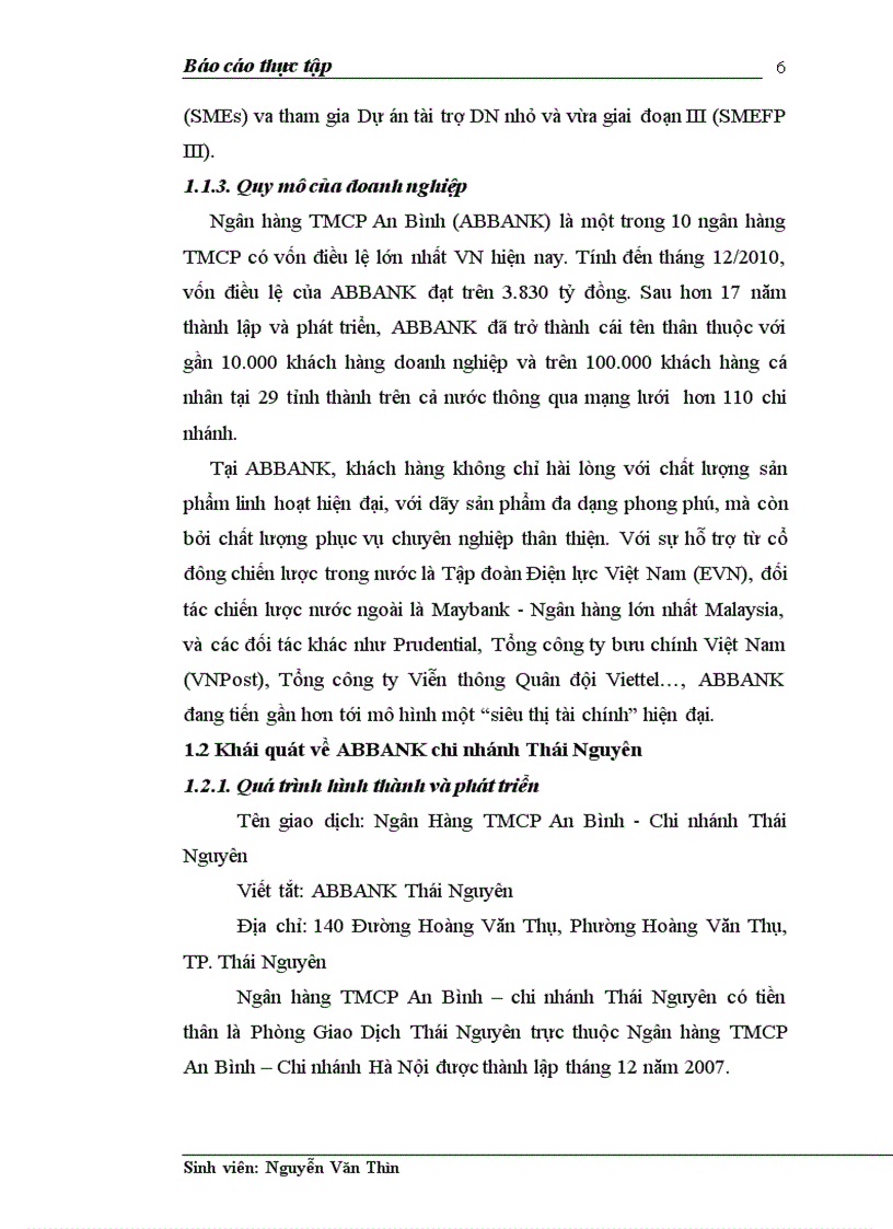 Báo cáo thực tập môn học tại ngân hàng thương mại cổ phần An bình ABBANK chi nhánh Thái Nguyên