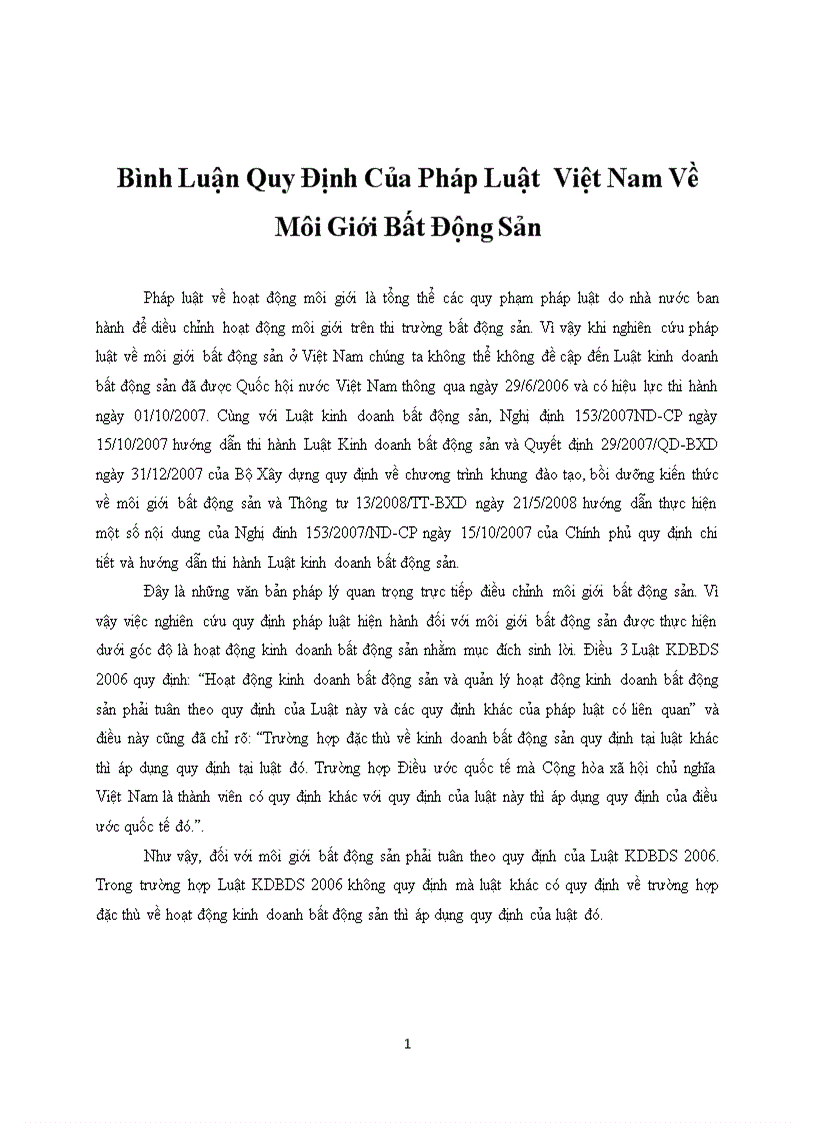 Học kỳ bất động sản Bình Luận Quy Định Của Pháp Luật Việt Nam Về Môi Giới Bất Động Sản