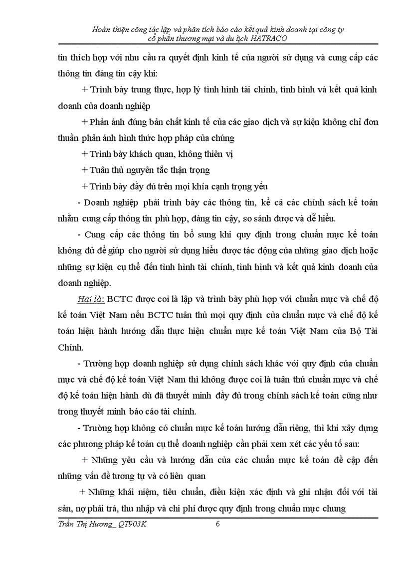 Hoàn thiện công tác lập và phân tích báo cáo kết quả kinh doanh tại công ty cổ phần thương mại và du lịch HATRACO