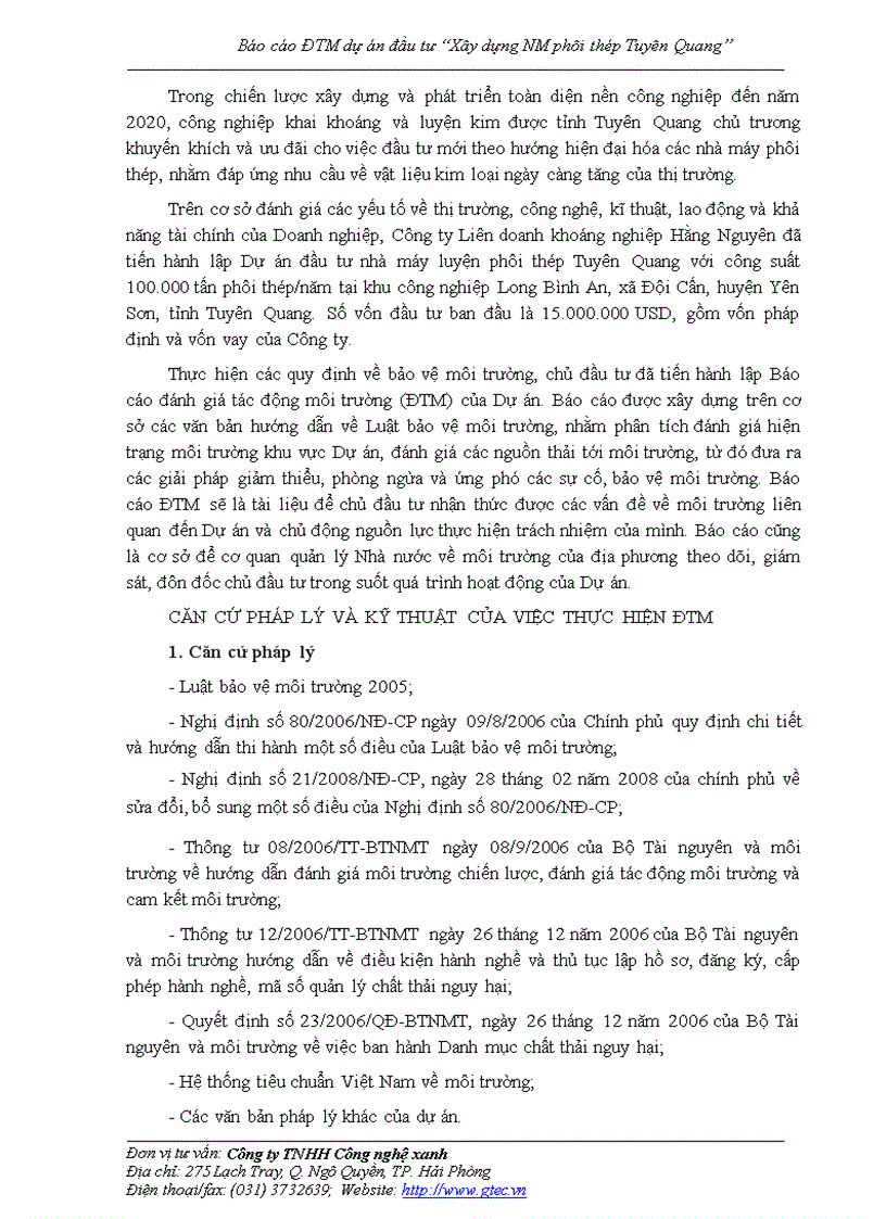 image for page Báo cáo ĐTM dự án đầu tư Xây dựng NM phôi thép Tuyên Quang