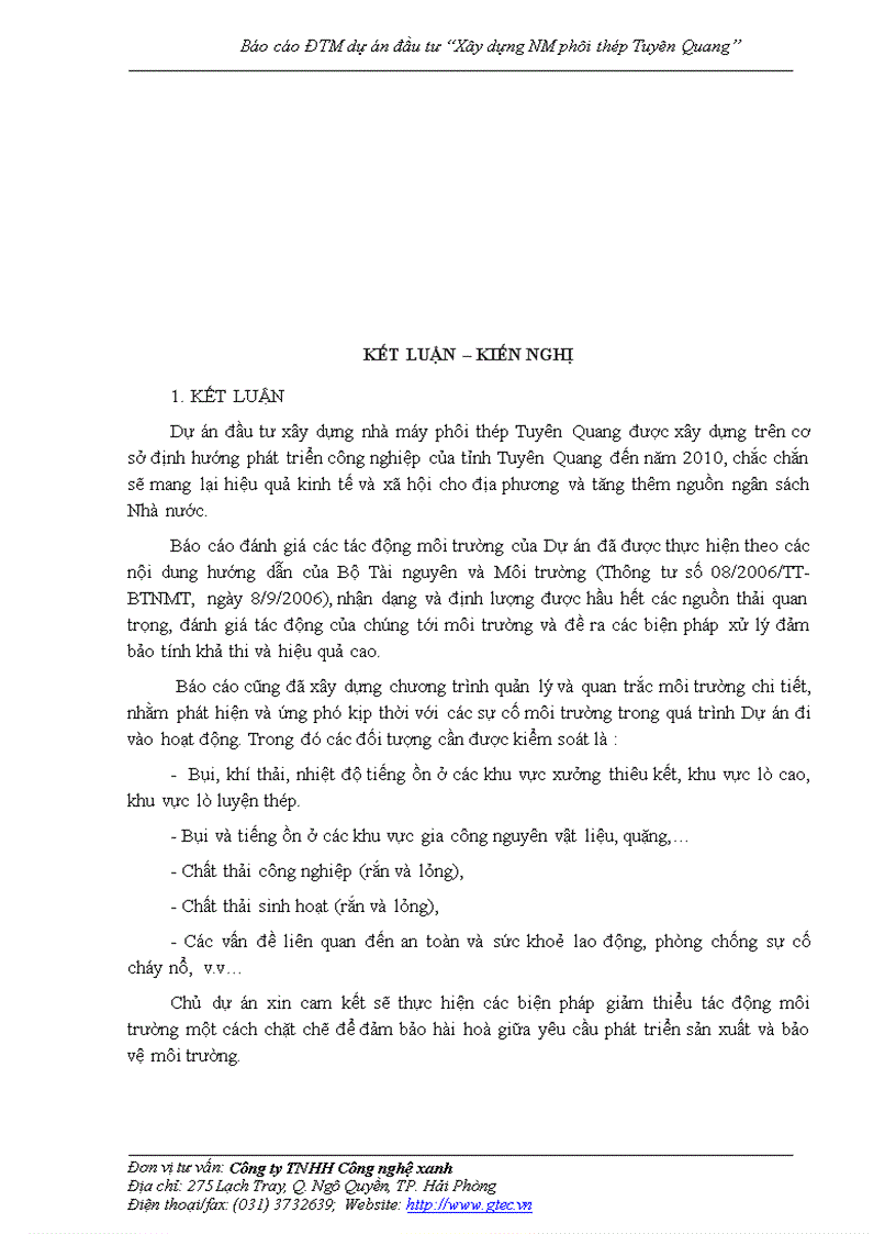 image for page Báo cáo ĐTM dự án đầu tư Xây dựng NM phôi thép Tuyên Quang