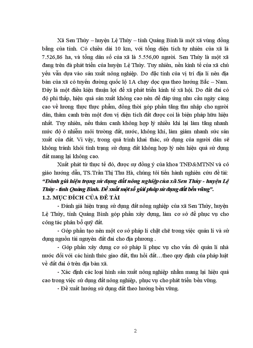 image for page Đánh giá hiện trạng sử dụng đất nông nghiệp của xã Sen Thủy huyện Lệ Thủy tỉnh Quảng Bình Đề xuất một số giải pháp sử dụng đất bền vững