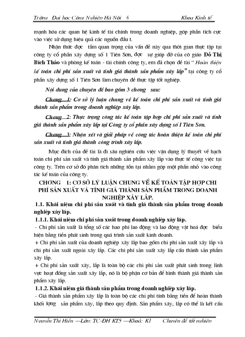 Hoàn thiện kế toán chi phí sản xuất và tính giá thành sản phẩm xây lắp tại Công Ty cổ phần xây dựng số 1 Tiên Sơn