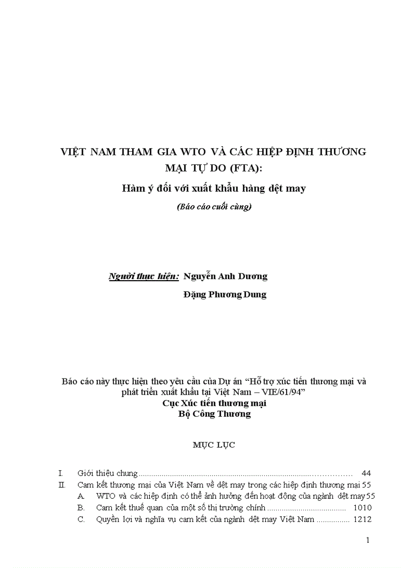 VIỆT NAM THAM GIA WTO VÀ CÁC HIỆP ĐỊNH THƯƠNG MẠI TỰ DO FTA Hàm ý đối với xuất khẩu hàng dệt may