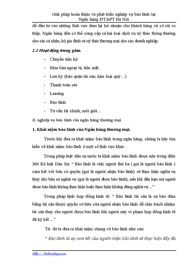 image for page Hoàn thiện và phát triển nghiệp vụ bảo lãnh tại Ngân hàng ĐT PT Hà Nội