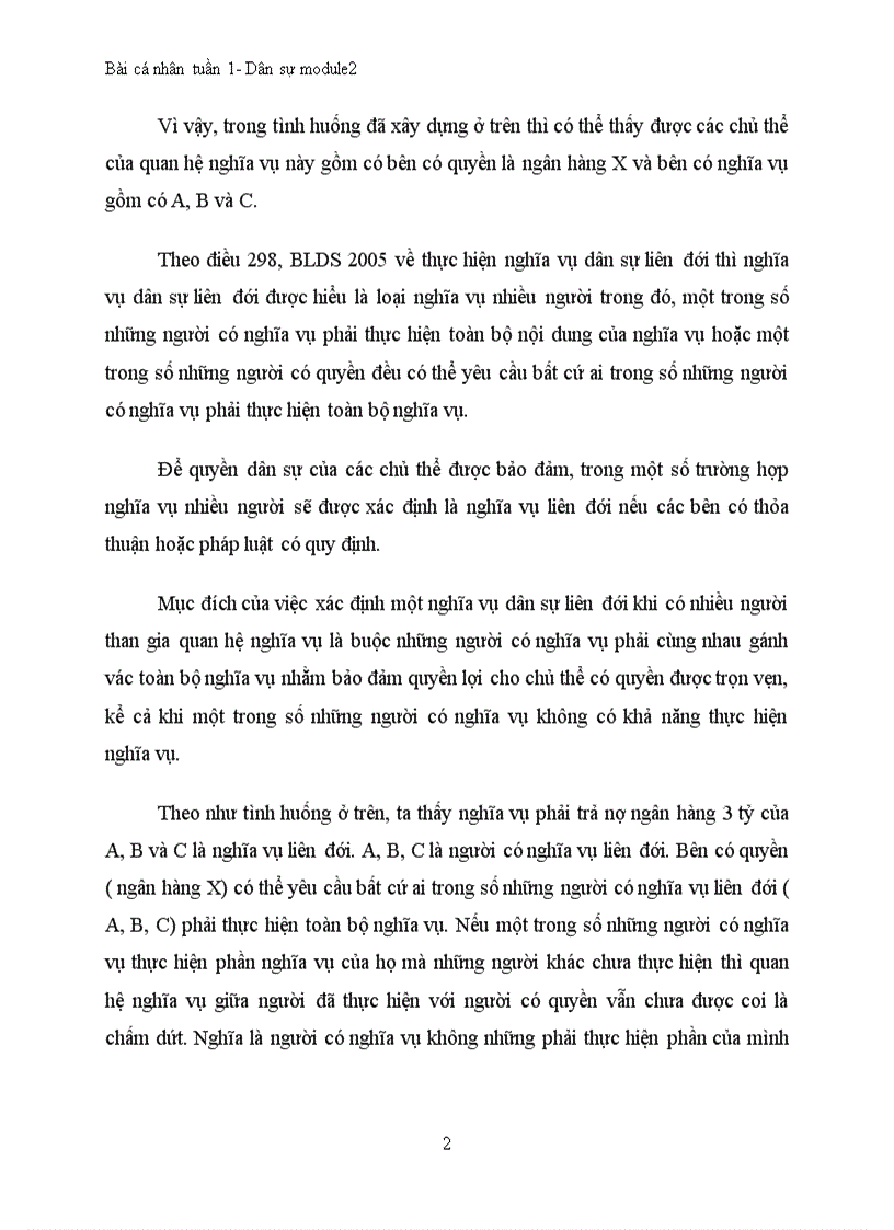 image for page Xây dựng một tình huống có đầy đủ các yếu tố của một quan hệ nghĩa vụ dân sự liên đới có đối tượng là tài sản để qua đó phân tích nội dung thực hiện nghĩa vụ liên đới