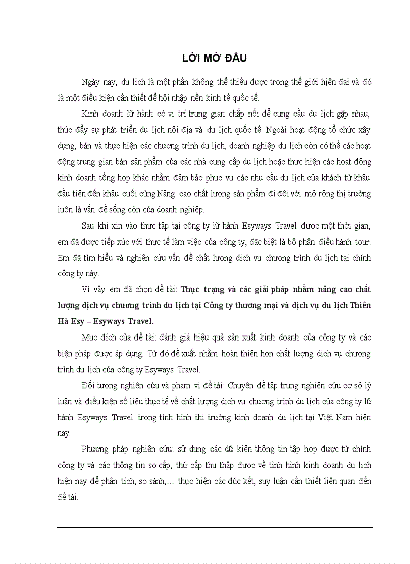 Thực trạng và các giải pháp nhằm nâng cao chất lượng dịch vụ chương trình du lịch tại Công ty thương mại và dịch vụ du lịch Thiên Hà Esy Esyways Travel doc