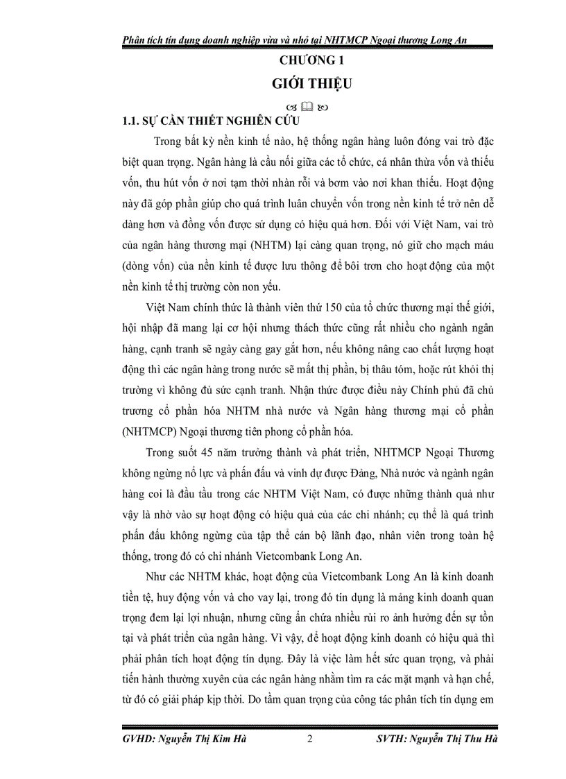 Phân tích tình hình tín dụng doanh nghiệp vừa và nhỏ trong hoạt động của ngân hàng thương mại cổ phần ngoại thương chi nhánh long an