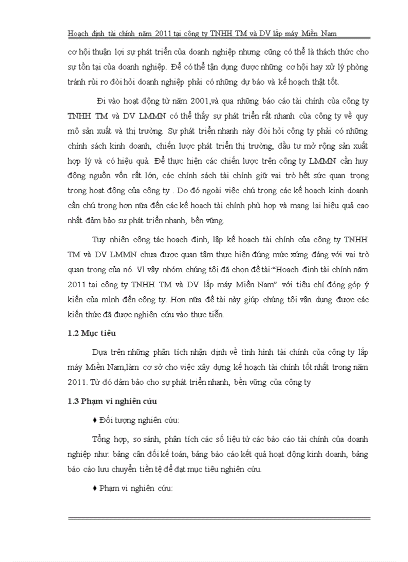 Hoạch định tài chính năm 2011 tại công ty TNHH thương mại và DV lắp máy Miền Nam
