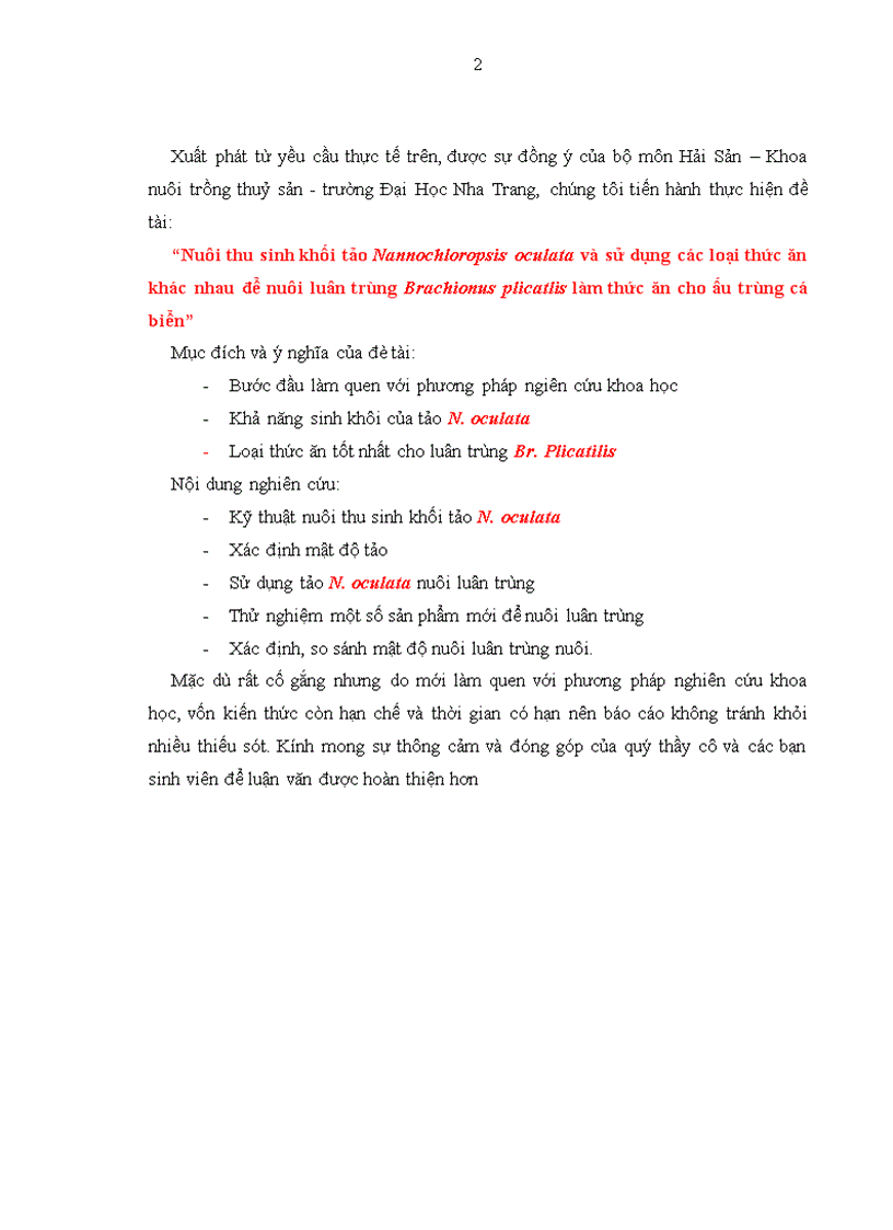 image for page Nuôi thu sinh khối tảo Nannochloropsis oculata và sử dụng các loại thức ăn khác nhau để nuôi luân trùng Brachionus plicatlis làm thức ăn cho ấu trùng cá biển