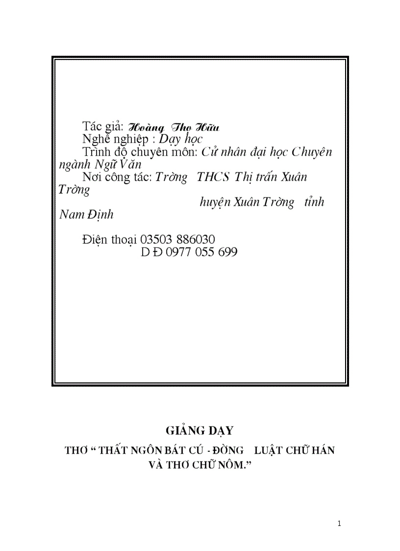 Giảng dạy thơ thất ngôn bát cú đường luật chữ hán và thơ chữ nôm Trong chương trình thơ Ngữ văn 7