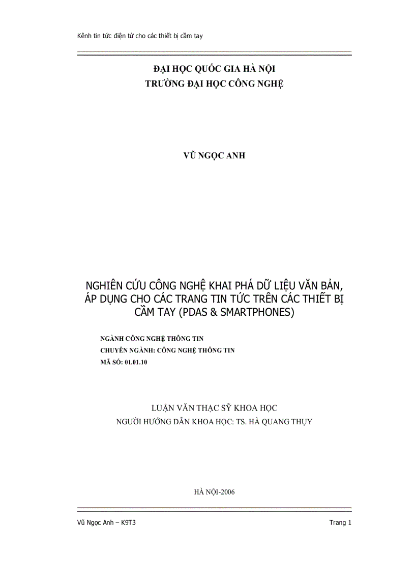 Nghiên cứu công nghệ khai phá dữ liệu văn bản áp dụng cho các trang tin tức trên các thiết bị cầm tay pdas smartphones