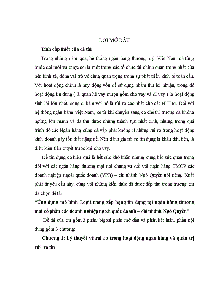 image for page Ứng dụng mô hình Logit trong xếp hạng tín dụng tại ngân hàng thương mại cổ phần các doanh nghiệp ngoài quốc doanh chi nhánh Ngô Quyền