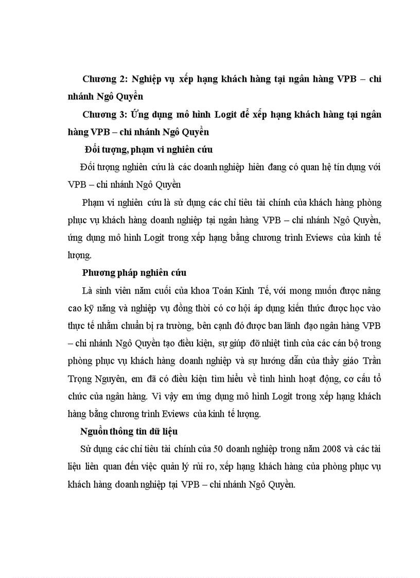 image for page Ứng dụng mô hình Logit trong xếp hạng tín dụng tại ngân hàng thương mại cổ phần các doanh nghiệp ngoài quốc doanh chi nhánh Ngô Quyền