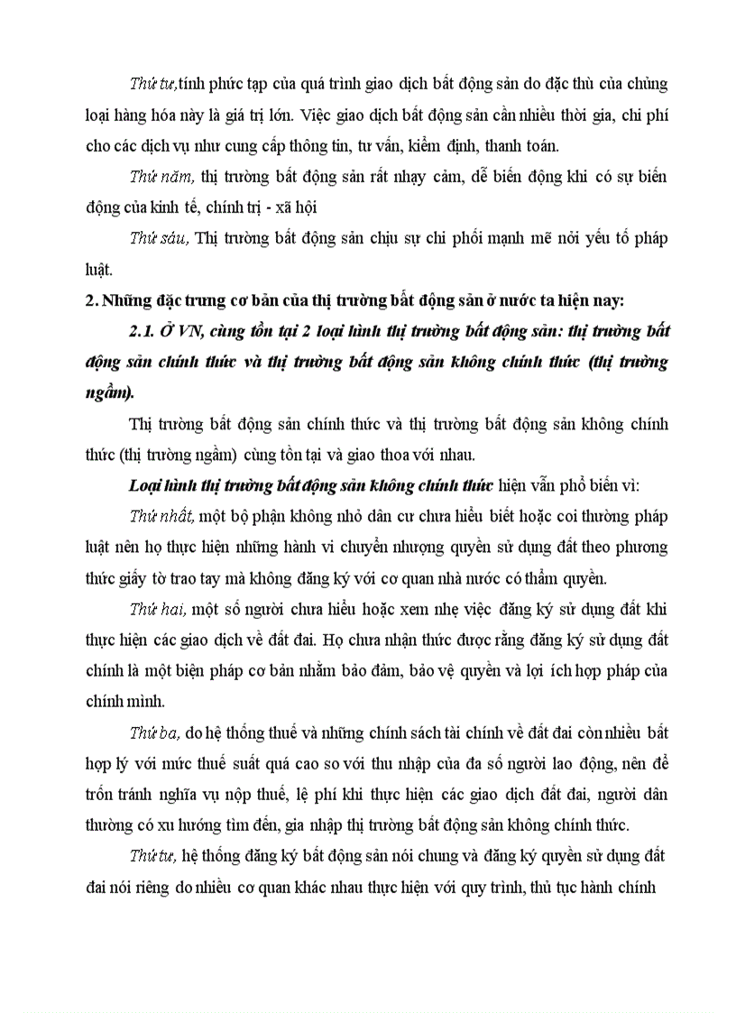 Bài tập bất động sản Phân tích những đặc trưng cơ bản của thị trường bất động sản ở nước ta hiện nay