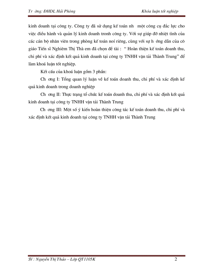 image for page Hoàn thiện kế toán doanh thu chi phí và xác định kết quả kinh doanh tại công ty TNHH vận tải Thành Trung