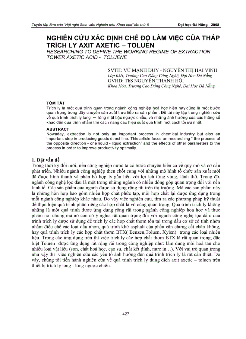 image for page Nghiên cứu về quá trình trích ly dung dịch axit axetic toluen trên thiết bị trích ly lỏng lỏng ngược chiều