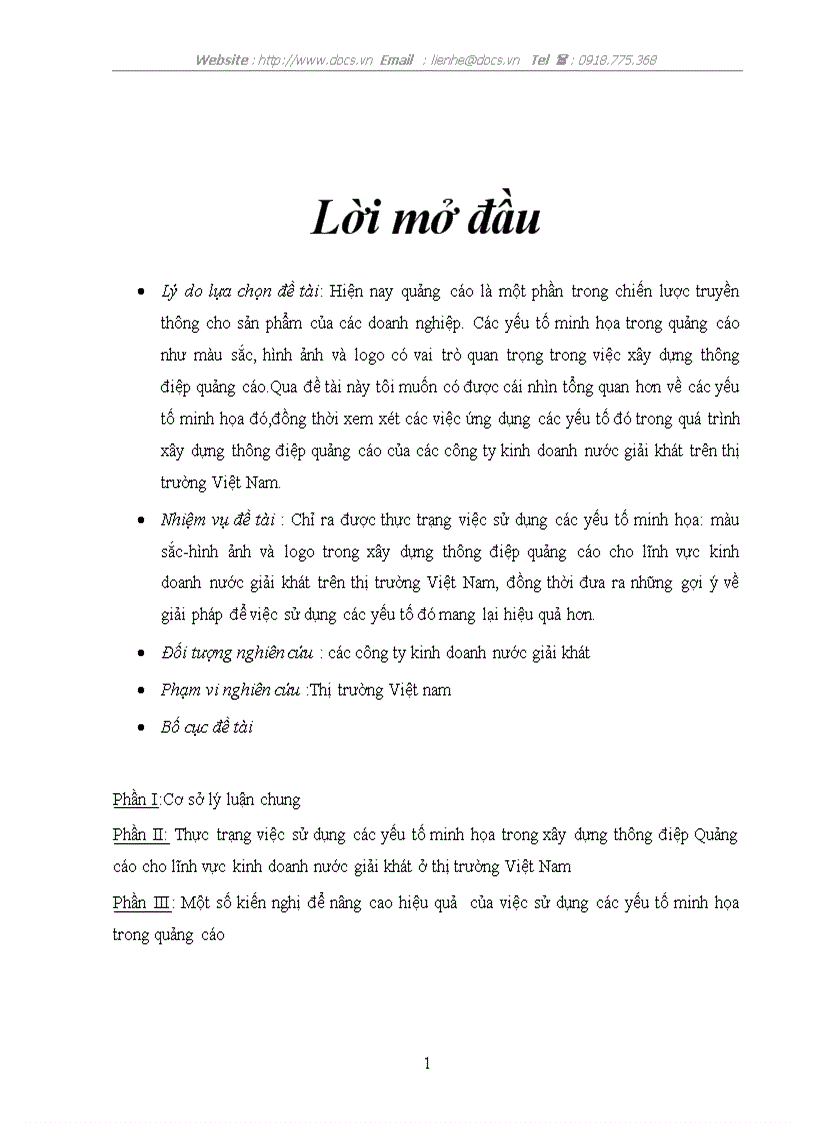 Sử dụng các yếu tố minh họa trong xây dựng thông điệp Quảng cáo cho lĩnh vực kinh doanh nước giải khát ở thị trường VN