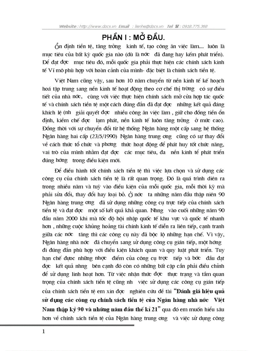 Hiệu quả sử dụng các công cụ chính sách tiền tệ của NHNN VN thập kỷ 90 những năm đầu TK 2