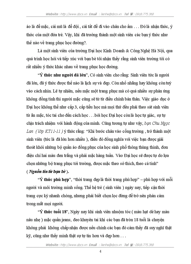 Quan niệm ý thức về trang phục học đường sinh viên trường Đại học Kinh Doanh Công nghệ Hà Nội