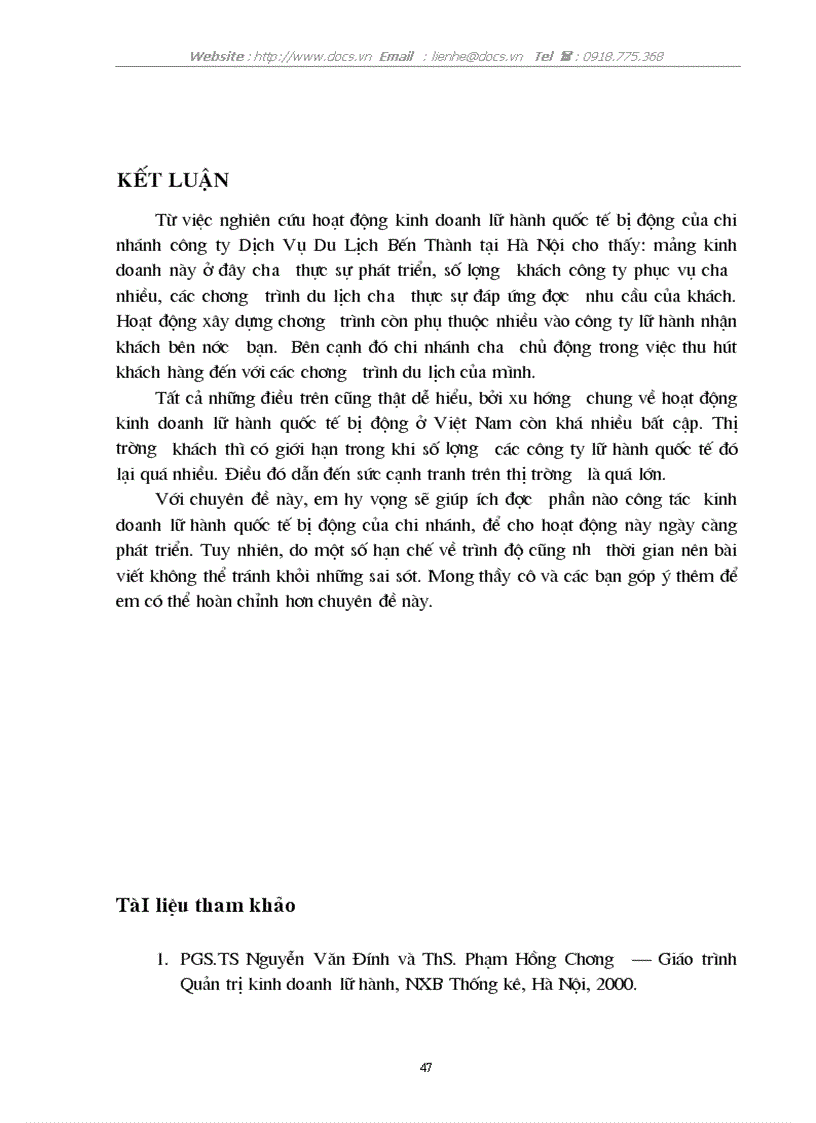 image for page Tổ chức hoạt động kinh doanh lữ hành quốc tế bị động của Chi nhánh C ty Dịch Vụ Du Lịch Bến Thành tại Hà Nội